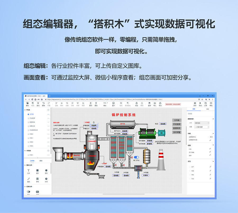 低成本PLC云網(wǎng)關(guān)：組態(tài)編輯器，“搭積木”式實(shí)現(xiàn)數(shù)據(jù)可視化